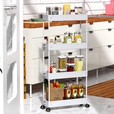 Modern Home 4 Tier Narrow Sliding Storage Organizer Rack for Laundry,Bathroom,Kitchen Rolling Cart (White)