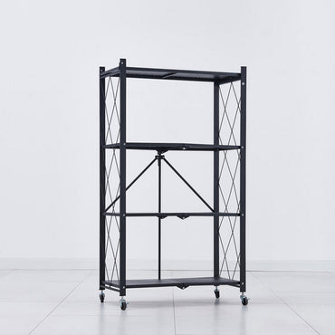 (Net) Folding Shelf 4-Tier Storage Shelves with Wheels Heavy Duty Shelving Unit Metal Shelves Organizer Rack for Kitchen, Garage, Home, Office..