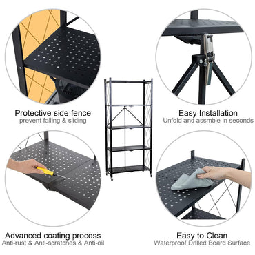 (Net) Folding Shelf 4-Tier Storage Shelves with Wheels Heavy Duty Shelving Unit Metal Shelves Organizer Rack for Kitchen, Garage, Home, Office..