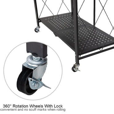 (Net) Folding Shelf 4-Tier Storage Shelves with Wheels Heavy Duty Shelving Unit Metal Shelves Organizer Rack for Kitchen, Garage, Home, Office..