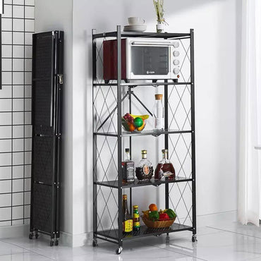 (Net) 5 Tier Storage Shelves  Foldable Storage Shelf Rack  Storage Shelving on Wheels for Kitchen Rolling Cart Garage Bathroom Organizer