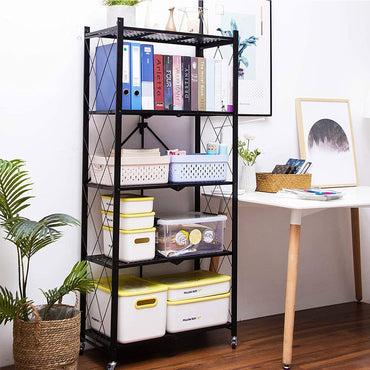 (Net) 5 Tier Storage Shelves  Foldable Storage Shelf Rack  Storage Shelving on Wheels for Kitchen Rolling Cart Garage Bathroom Organizer