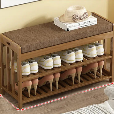 (Net) Natural Bamboo Shoe Rack Entryway Shelf with Cushion - Stylish and Versatile Shoe Storage Solution