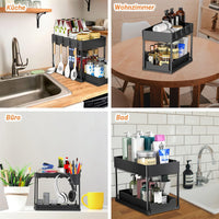 Seasoning Rack Sink Organizer Extendible 2 Tier Under Sink Shelf with 4 Hooks