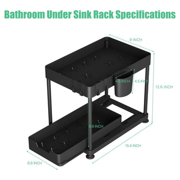 Seasoning Rack Sink Organizer Extendible 2 Tier Under Sink Shelf with 4 Hooks
