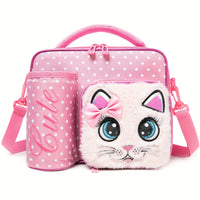 (NET) Cat Shaped Lunch Bag With Bottle Holder Crossbody Lunch Box With 3 Compartments