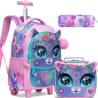 (NET) Meetbelify Flower Cat Kids Rolling Backpack 3 Pcs