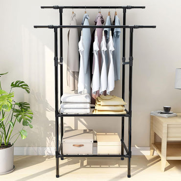 Double-Pole Shoe and Hat Rack, Clothes Rack with Shelves Heavy Duty Metal Garment Rack for bedroom clothing rack for Hanging Clothes / 8902