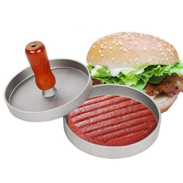 Hamburger Makers - Creative Wooden Handle Aluminum Alloy Hamburger Makers DIY Patty Maker Mold Round Hamburger Meat Beef Grill Burger Press / 508 / KR-047