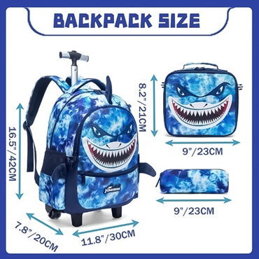 (NET) Meetbelify Shark Kids Rolling Backpack 3 Pcs