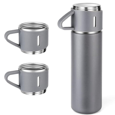 (Net) Thermos Flask Stainless Steel Vacuum Bottle Set 500 ml with 3 Drinking Cups Keeps Hot 24 Hours, Cold 24 Hours, BPA-Free with Gift Box / KZ-24