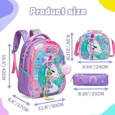 (NET) Unicorn Backpack For Girls Set Of 3 Pcs