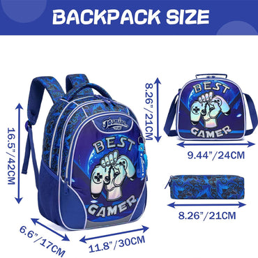 (NET) Blue Game Backpack For Girls Set Of 3 Pcs