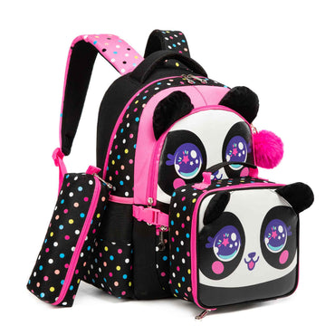 (NET) Black Panda School Backpack With Lunch Box & Pencil Case Set Of 3 Pcs
