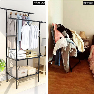 Double-Pole Shoe and Hat Rack, Clothes Rack with Shelves Heavy Duty Metal Garment Rack for bedroom clothing rack for Hanging Clothes / 8902
