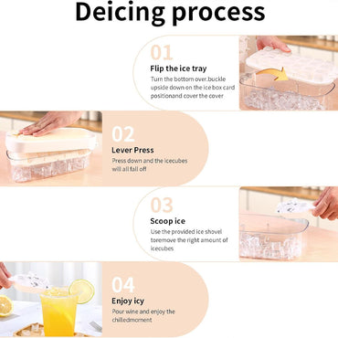 Pressing Ice Lattice Mold, Ice Cube Tray with Lid and Bin, Ice Trays for Freezer with ice scoop storage space for Cocktail Freezer Chilled Drink Refrigerator Storage