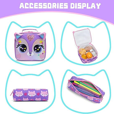 (NET) Purple Cat Backpack With Lunch Box & Pencil Case