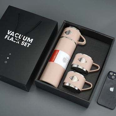 (Net) Thermos Flask Stainless Steel Vacuum Bottle Set 500 ml with 3 Drinking Cups Keeps Hot 24 Hours, Cold 24 Hours, BPA-Free with Gift Box / KZ-24