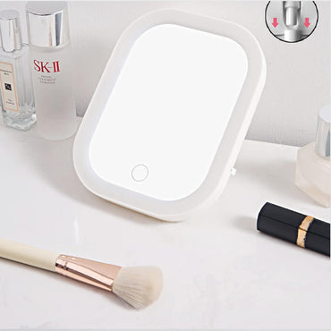 (Net) Customized Rectangular Shape Single Face LED Table Mirror with Tray 360° Swivel Function