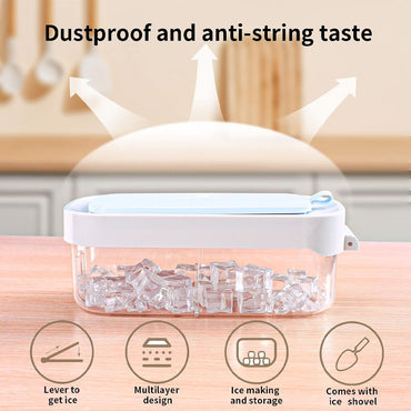 Pressing Ice Lattice Mold, Ice Cube Tray with Lid and Bin, Ice Trays for Freezer with ice scoop storage space for Cocktail Freezer Chilled Drink Refrigerator Storage