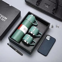 (Net) Thermos Flask Stainless Steel Vacuum Bottle Set 500 ml with 3 Drinking Cups Keeps Hot 24 Hours, Cold 24 Hours, BPA-Free with Gift Box / KZ-24
