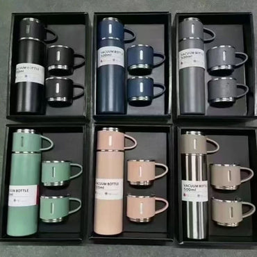 (Net) Thermos Flask Stainless Steel Vacuum Bottle Set 500 ml with 3 Drinking Cups Keeps Hot 24 Hours, Cold 24 Hours, BPA-Free with Gift Box / KZ-24