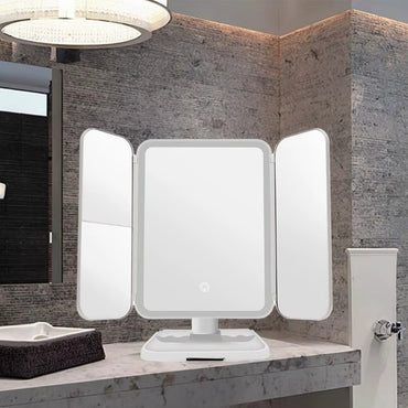 Rechargeable Desktop LED Cosmetic Mirror Storage Box Adjustable Three-Sided Folding