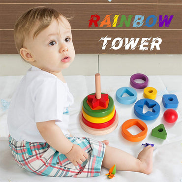 Wooden Toys Rainbow Tower Sorting Stacking Rings Building Puzzles