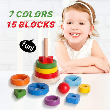 Wooden Toys Rainbow Tower Sorting Stacking Rings Building Puzzles
