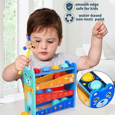 Baby Wooden Hammer Bench Toy With 4 Balls And A Hammer