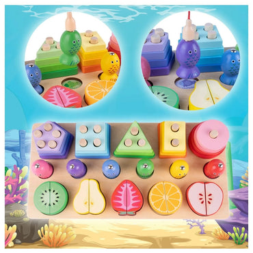 Wooden Puzzle Blocks Fishing Fruits For Cutting With Magnet