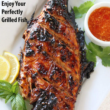 (NET) Fish Barbeque Grill, Chromium Plated Iron, Folding Portable BBQ Grill for Fish, Vegetables, Shrimp with Removable Heat Resistant Wooden Handle