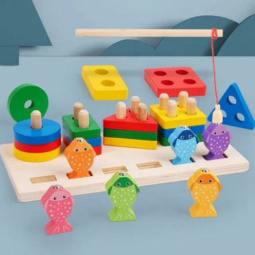 2-in-1 Activity Box Wooden Shape Sorter & Fishing Game