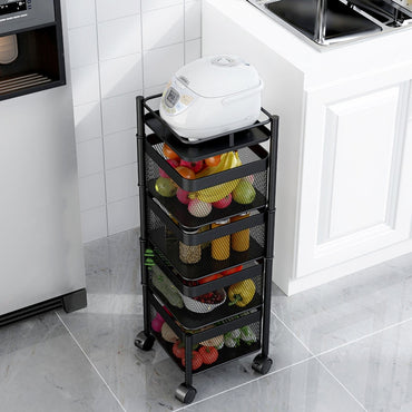 (Net) 4 Layer Square Basket Kitchen Rotating Storage Rack Storage Rack Fruit Vegetables Metal Storage Cages With Wheels Cart