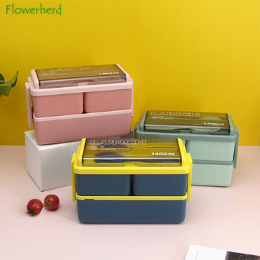 Double Layer Portable Lunch Box With Fork and Spoon Microwave Bento Boxes Dinnerware Set Food Storage Container
