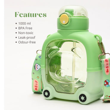 Bear Shape Leak-proof Push Lock Water Bottle With In-built Straw And Strap 1000 ML