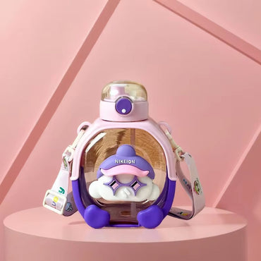 Portable Kids Student Kindergarten School Cute Cartoon Bear Plastic Water Bottle With Straw