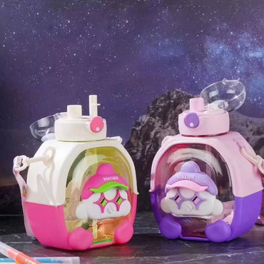 Portable Kids Student Kindergarten School Cute Cartoon Bear Plastic Water Bottle With Straw