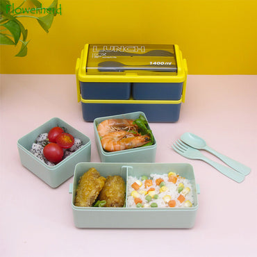 Double Layer Portable Lunch Box With Fork and Spoon Microwave Bento Boxes Dinnerware Set Food Storage Container
