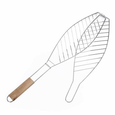 (NET) Fish Barbeque Grill, Chromium Plated Iron, Folding Portable BBQ Grill for Fish, Vegetables, Shrimp with Removable Heat Resistant Wooden Handle
