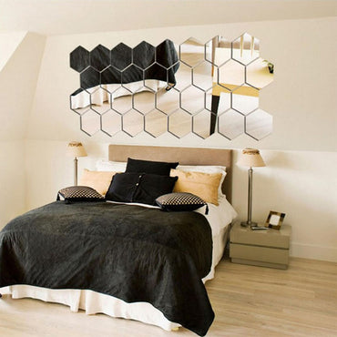 (NET) Hexagon Mirror Wall Sticker Art Wall Decor Living Room Mirrored Decorative Sticker 12 Pcs