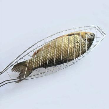 (NET) Fish Barbeque Grill, Chromium Plated Iron, Folding Portable BBQ Grill for Fish, Vegetables, Shrimp with Removable Heat Resistant Wooden Handle