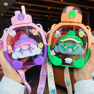 Portable Kids Student Kindergarten School Cute Cartoon Bear Plastic Water Bottle With Straw