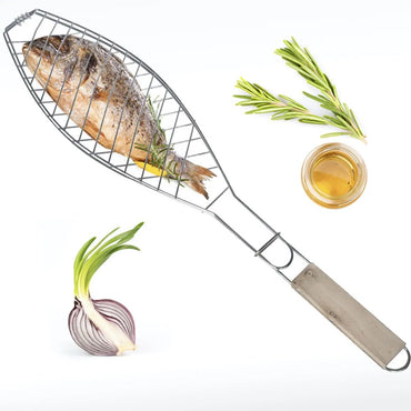 (NET) Fish Barbeque Grill, Chromium Plated Iron, Folding Portable BBQ Grill for Fish, Vegetables, Shrimp with Removable Heat Resistant Wooden Handle