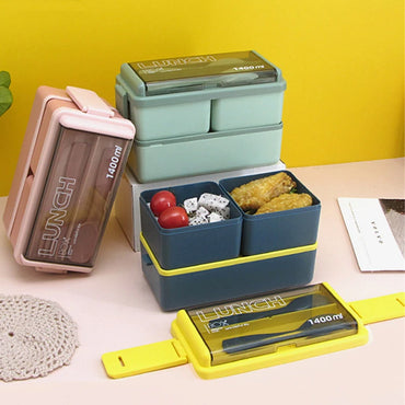 Double Layer Portable Lunch Box With Fork and Spoon Microwave Bento Boxes Dinnerware Set Food Storage Container