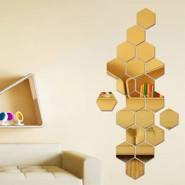 (NET) Hexagon Mirror Wall Sticker Art Wall Decor Living Room Mirrored Decorative Sticker 12 Pcs