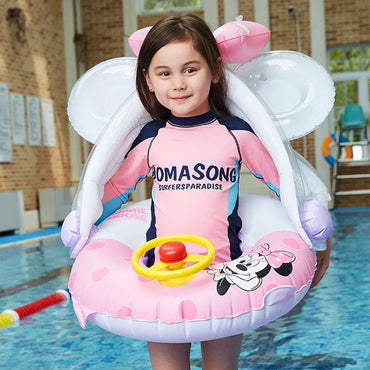 (NET) Cartoon cute baby swimming ring with parasol float inflatable swimming pool