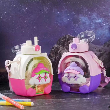 Portable Kids Student Kindergarten School Cute Cartoon Bear Plastic Water Bottle With Straw