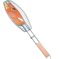 (Net) Fish Barbeque Grill, Chromium Plated Iron, Folding Portable BBQ Grill for Fish, Vegetables, Shrimp with Removable Heat Resistant Wooden Handle