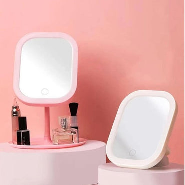 (Net) Customized Rectangular Shape Single Face LED Table Mirror with Tray 360° Swivel Function
